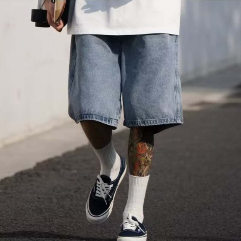 Denim Shorts Men's Loose Jeans Summer 2023 Youth Hong Kong Style Casual Straight Solid Color Half Pants