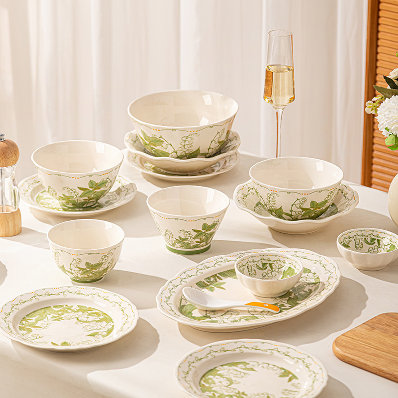 Small Fresh Household Dish Set Green Floral Cute Ceramic Rice Bowl Plate Soup Bowl Full Set Gift Bowl and Plate