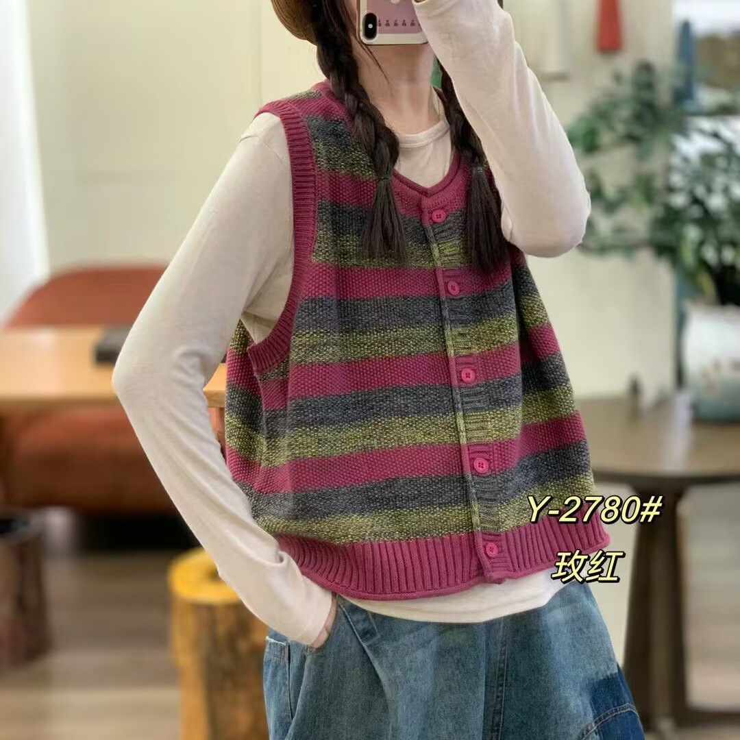 秋季新款短款条纹针织马甲背心休闲复古文艺