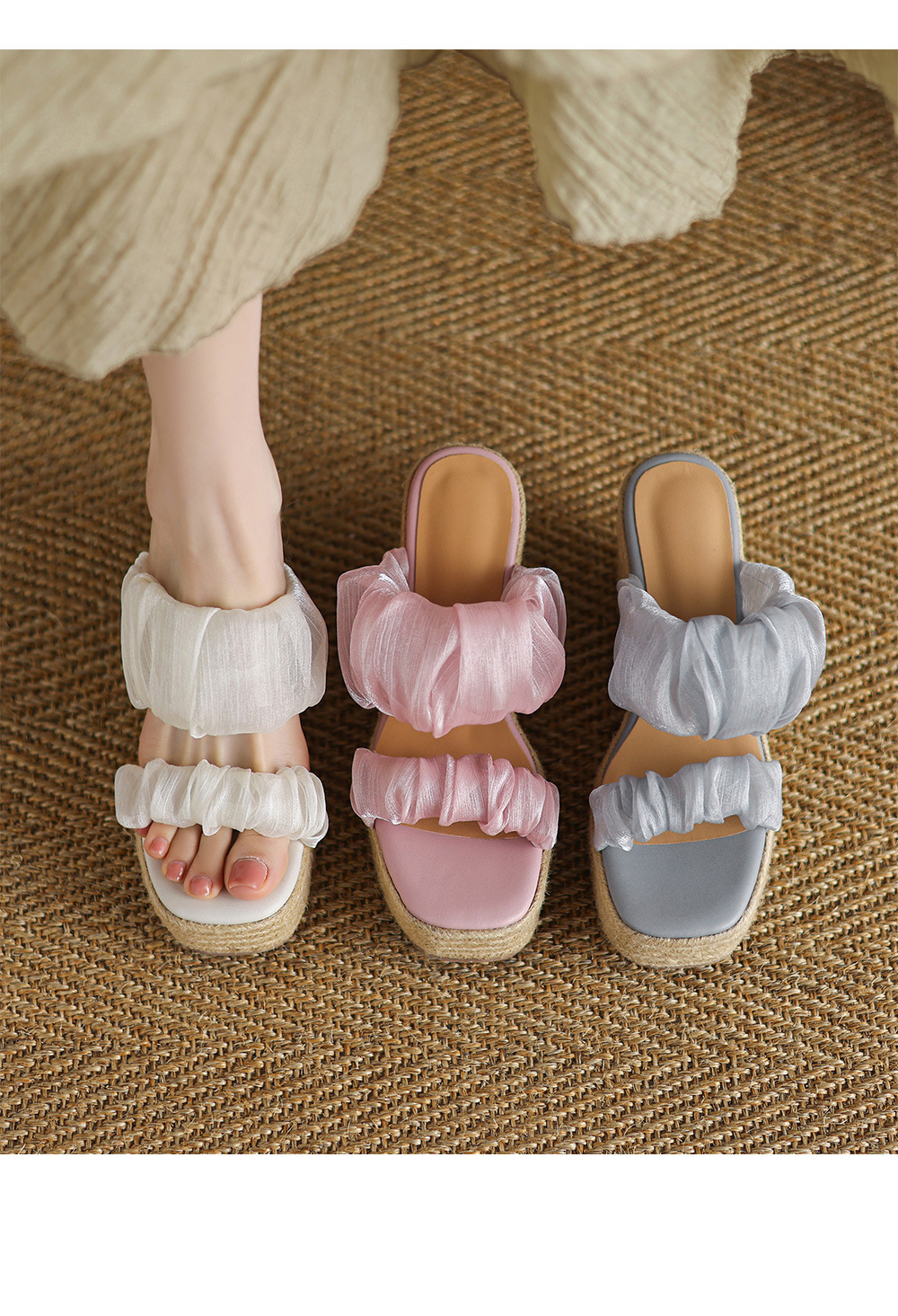 Sandal hở mũi cao gót 10cm quai ngang satin đế độn cao mới hè 2025 — Màu xanh lam nhạt, Màu hồng, Màu trắng be chi tiết 8