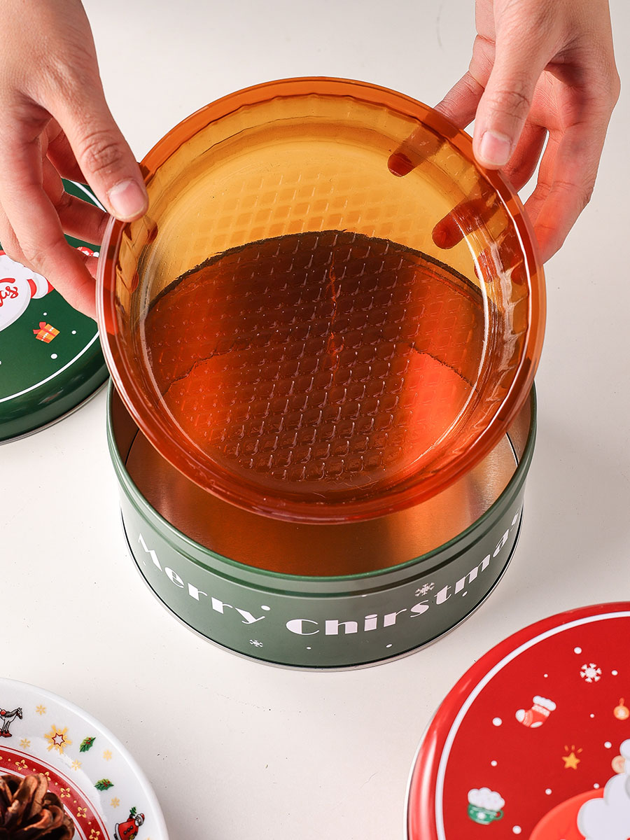 Caja de hierro soporte interno soporte de plástico soporte de dulces galletas de plástico caja de bocadillos soporte inferior envasado de horneado de alimentos redondos