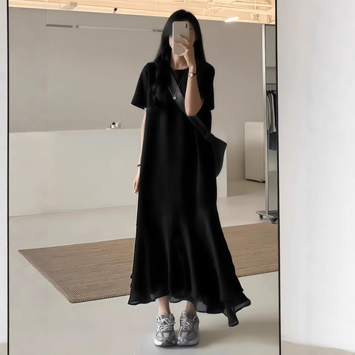 Black semi-mature style leaf-edge fishtail T-shirt long skirt summer new casual slim-fit elegant round-neck dress for women