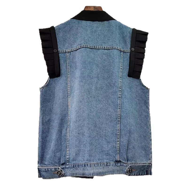 Trajes europeos cuello de empalme vaquero 2025 primavera y verano nuevo plegado borde de lótus diseño de contraste de color versión suelta clip de caballo image 2