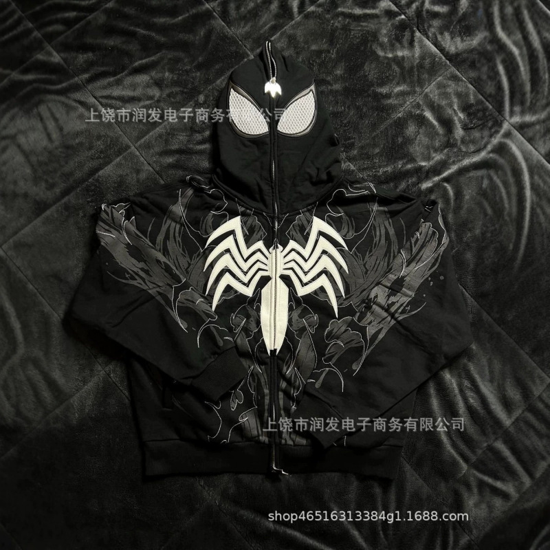 American-Style Dark Venom Spider Print Hooded Sweatshirt for Men and Women, Loose-Fitting Street Style Zip-Up Jacket for Autumn