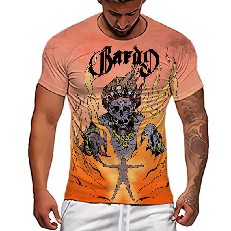 European and American Popular Street Hip Hop Skull 3D Printed Pattern Trendy Sports Loose T-Shirt Men's 2024 Cross-border Style
