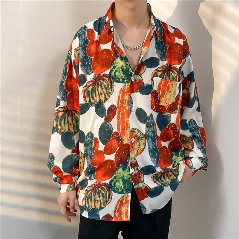 One-piece dropshipping cross-border spring and autumn long-sleeved floral shirt, unisex, cool, loose, youthful, couple, retro Hong Kong style.