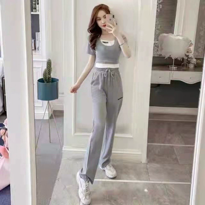 2023 Новый летний модный комплект из двух предметов с вышивкой, тонкий, уменьшающий возраст, широкий Повседневный Спортивный костюм с вышивкой