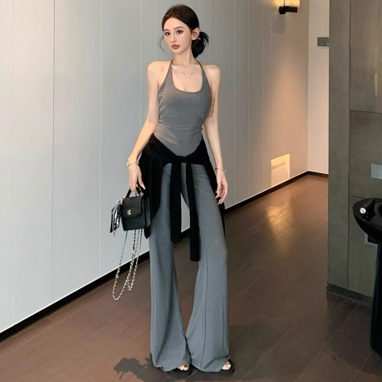 Real Shot of Sweet and Spicy Draped Pants with Folded Waistband, Multi-Color Flared Casual Slimming Long Pants + Slim-Fit Tank Top Set for Summer