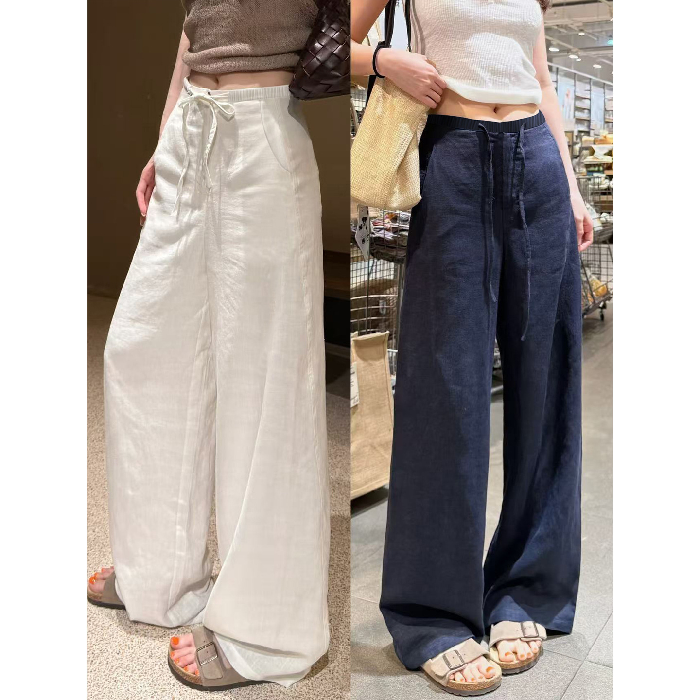 White Cotton and Linen Casual Pants for Women Summer 2025 New High-Waisted Loose Wide-Leg Lazy Style Linen Sports Pants
