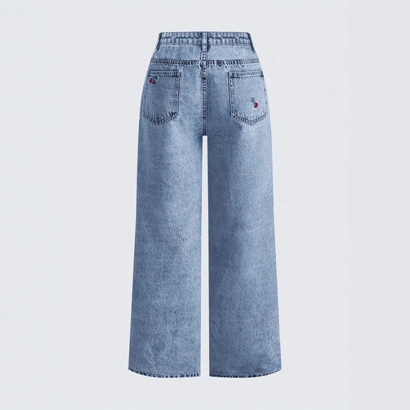 Vintage Washed Slimming Stretch Jeans For Women Smoky Gray Distressed Red Cherry Blossom Embroidered American Style_ecoleips.com