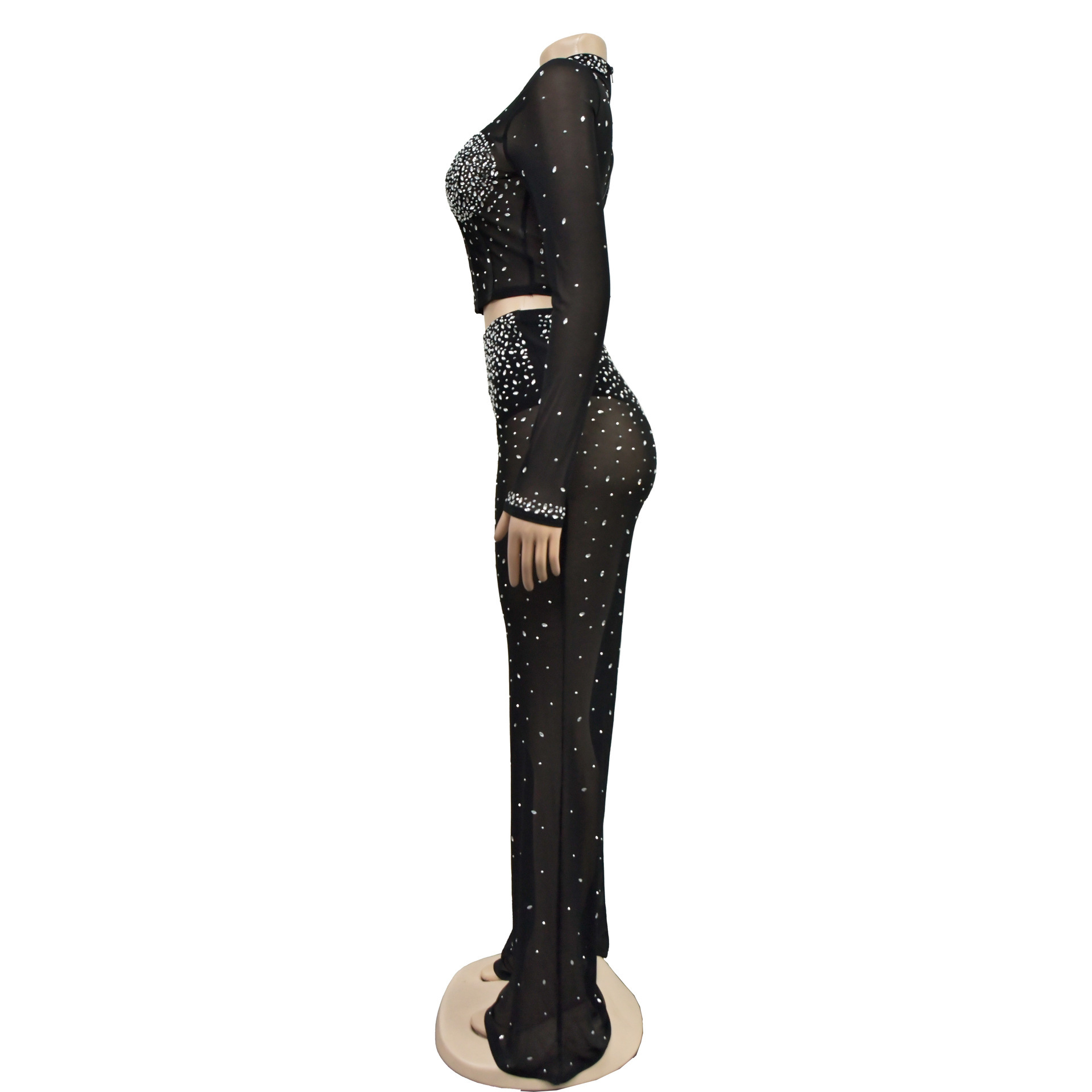 Conjunto de calças com mesh e strass para mulher elegante_voghion.com