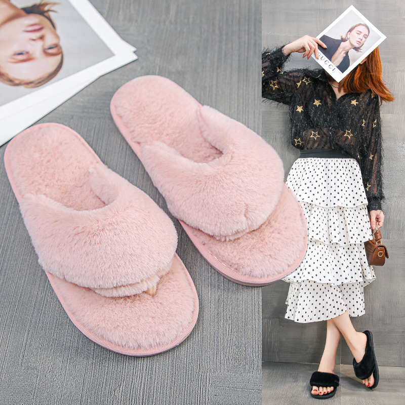 Plush Flip-flops European And American Leisure Home Furry Slippers In Stock Warm Sewn Cotton Slippers Slip-on Shoes