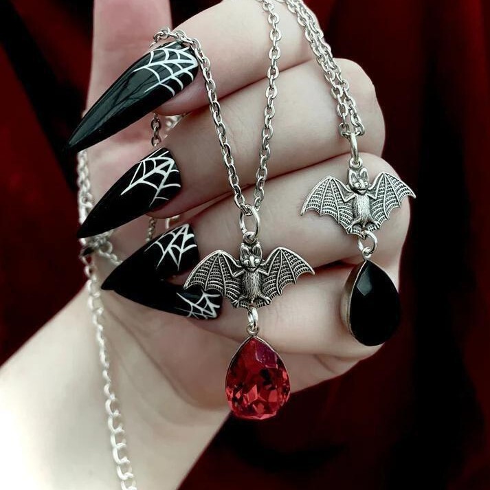 Gothic Bat Necklace Blood Drops Necklace Red Drops Jewelry Silver Bat Necklace Vampire Necklace Factory Outlet