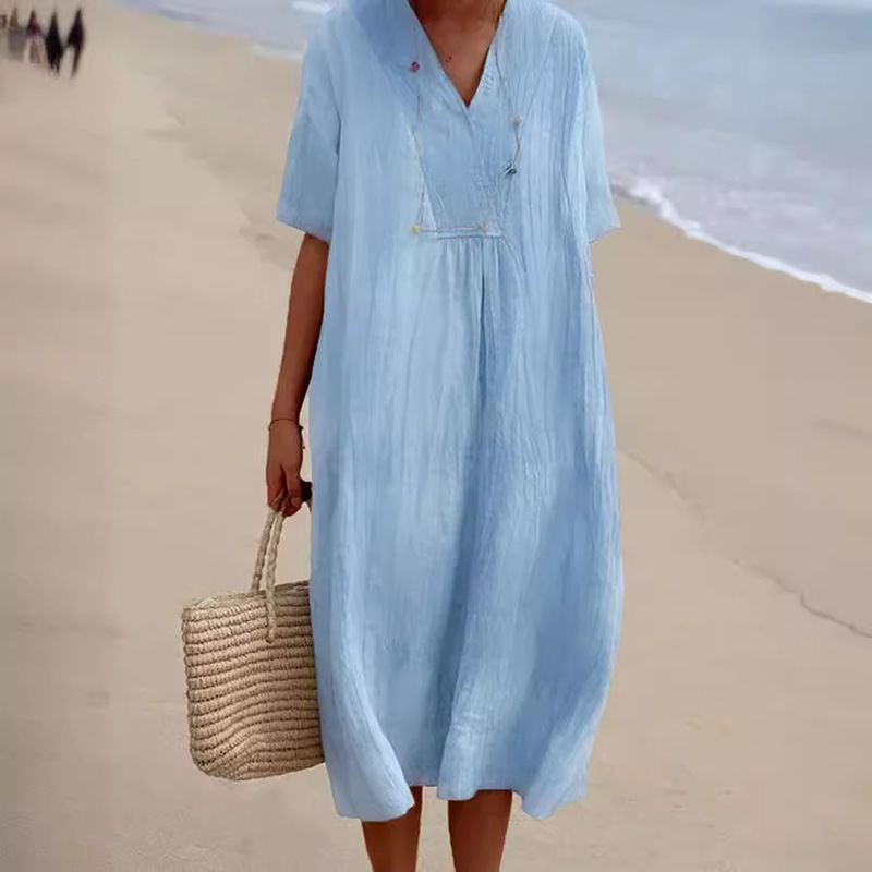 In Stock 2026 Spring/Summer New Women's Versatile Hot-Selling Casual Slimming Dress Solid Color Cotton Linen