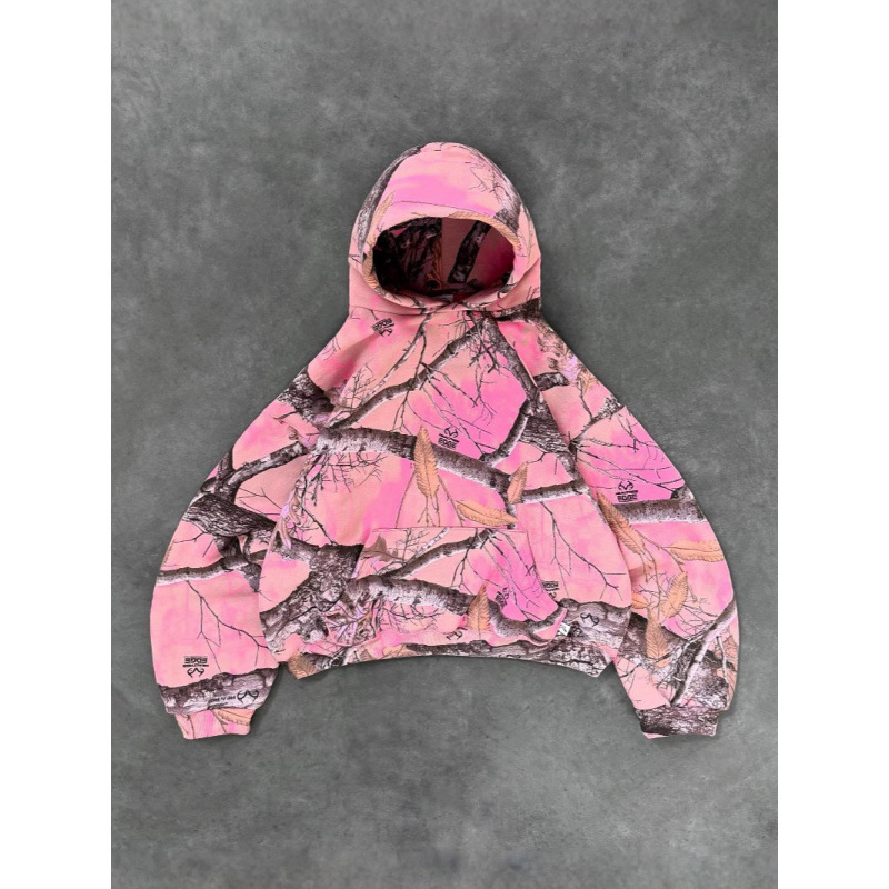 Cross-Border New Trendy Brand Akimbo Pink Leaf Camouflage Printed Hooded Sweatshirt for Men and Women Retro Casual Street Wear