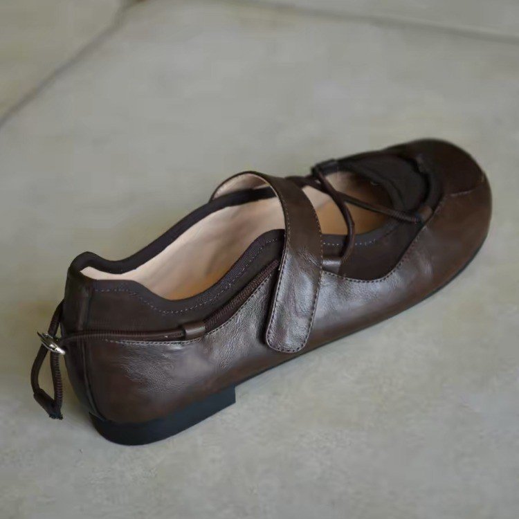 Brown retro Mary Jane shoes flat for leisure low-cut, round toe