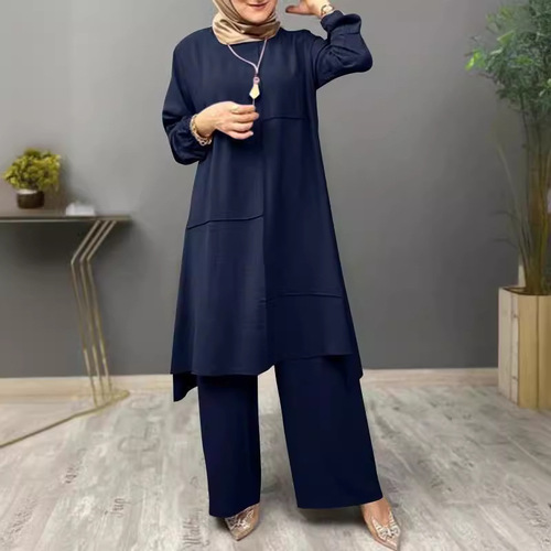 Muslim Women's Urban Sportswear Two-Piece Set Elegant Bubbling Sleeve Shirt Loose Fashion Wide Leg Pants Set