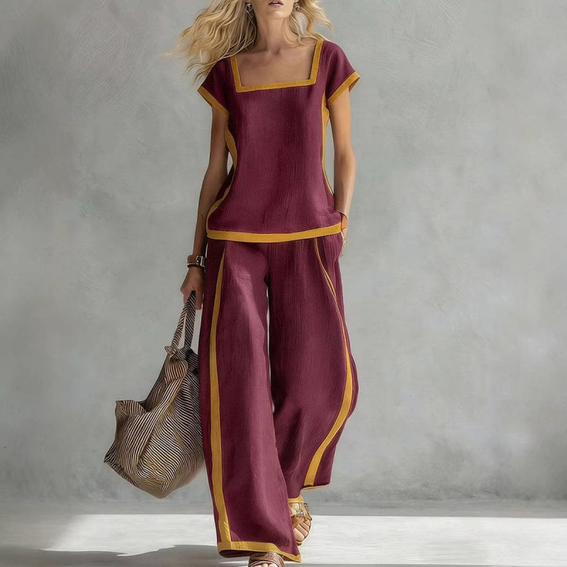Amazon Cross-Border Independent Site European and American Style Summer Color-Blocking Wide-Leg Pants Square-Neck Suit Women's Casual Fashion Two-Piece Set