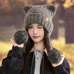 韩系甜美百搭猫耳朵毛线帽秋冬时尚休闲保暖帽户外出行防寒护耳帽