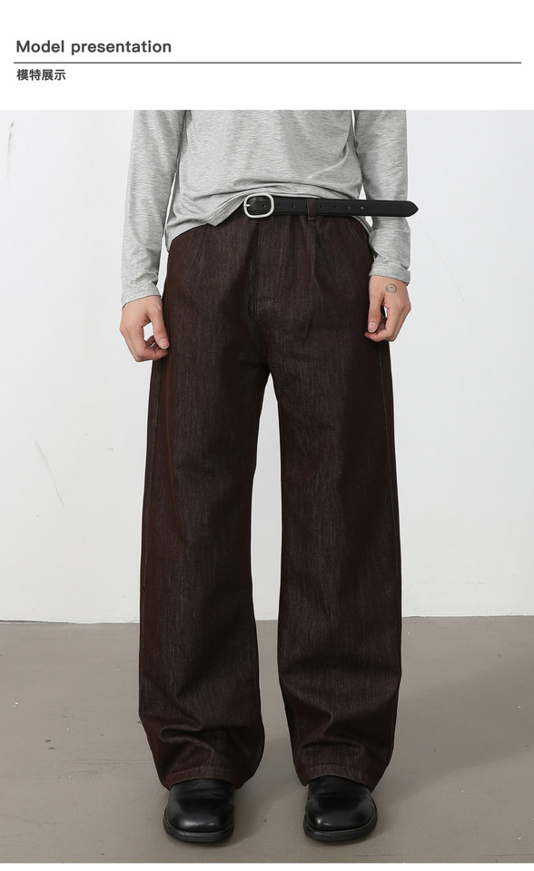 Quần jean nam ống rộng lưng trung, phom suông thoải mái, vải denim phối lụa sợi tổng hợp xếp li nhẹ — Cao bồi xanh, Cao bồi đen, Màu cà phê đậm chi tiết 9