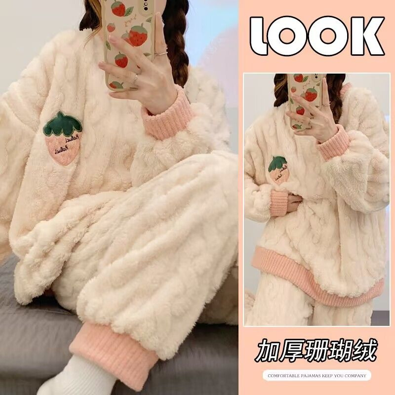 겨울 컷 꽃 벨벳 두꺼운 간단한 캐주얼 잠옷 여성용 긴팔 폭발 따뜻한 기모 홈 의류 여성 세트