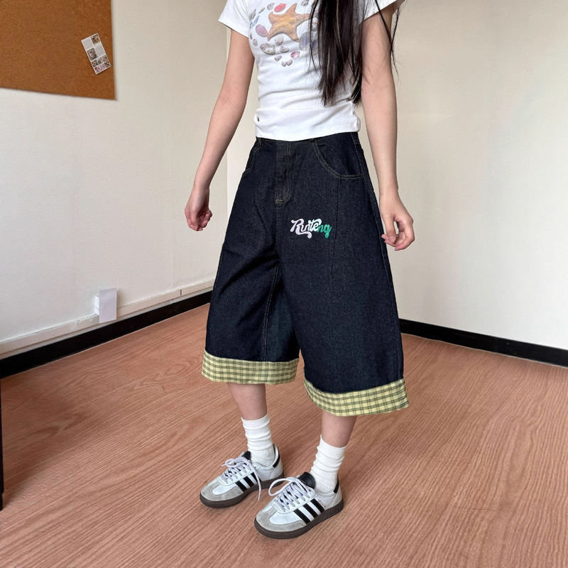 Colorful Letter Print Rolled Hem Denim Cropped Pants Unisex Hip-Hop Trendy Design Niche Loose Wide-Leg Shorts