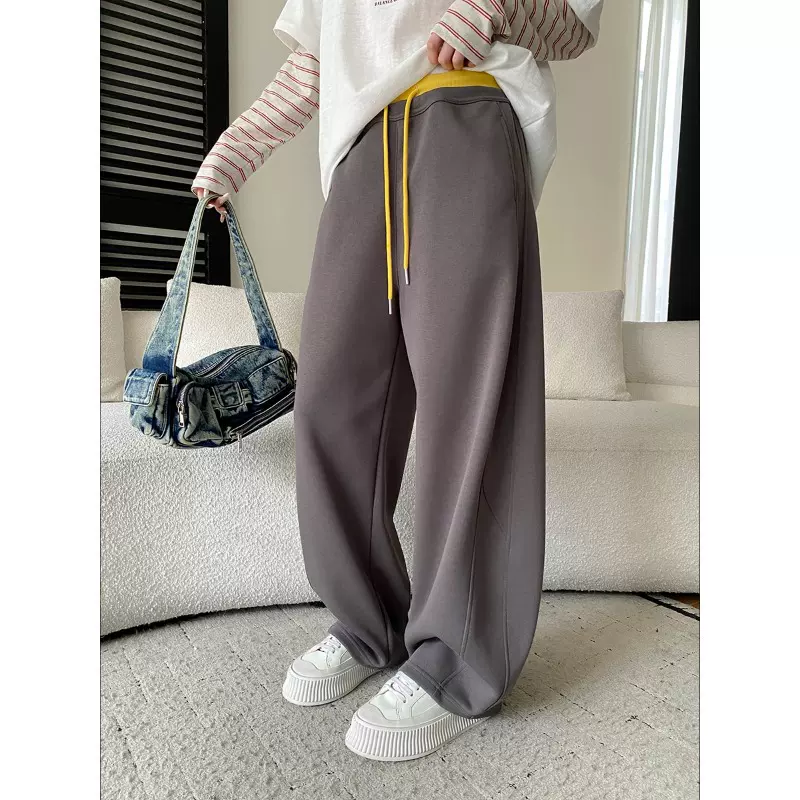 司南 早春新款 撞色抽绳拼接双腰头休闲宽松弯刀阔腿卫裤 SN8612