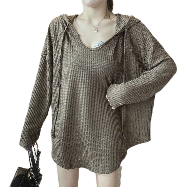Waffle Hong Kong estilo estudiante suéter mujer primavera y otoño suelto estilo coreano con capucha frito calle estilo perezoso BF chaqueta delgada image 7