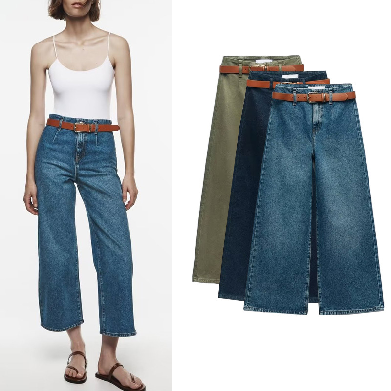 ZA autumn new women's loose comfortable cotton with belt high waist wide leg ankle-length jeans 1889171