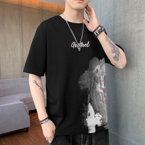 Summer Short Sleeve T-shirt for Men, Thin Model, Trendy Ink Wash Style, Half Sleeve Casual Stylish Fashion Top