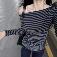 韩式慵懒一字肩条纹款长袖t恤女夏季松弛感修身wintage风斜肩上衣