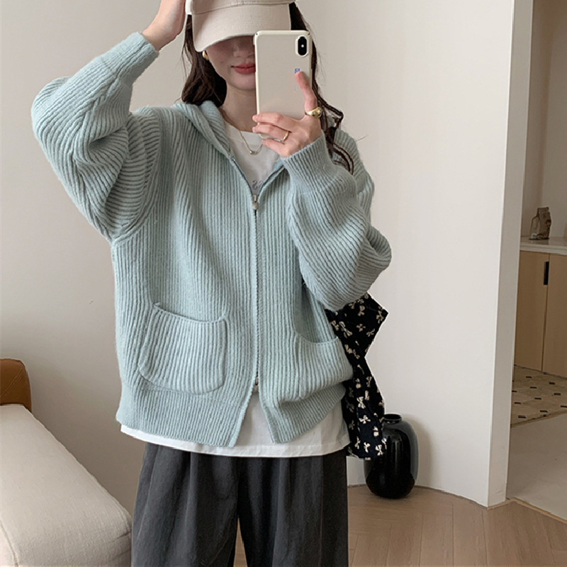 欧洲站纯色连帽拉链毛衣外套女秋冬新款宽松慵懒风软糯厚针织开衫|undefined