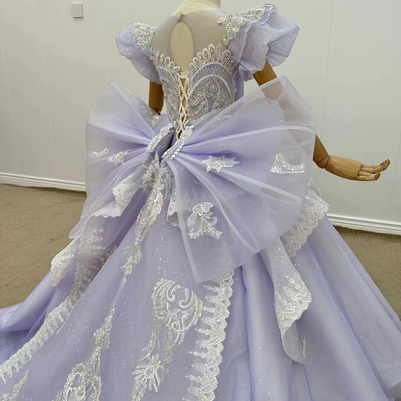 Фиолетовый детский свадебный наряд с бантом, вечернее платье, puff sleeves