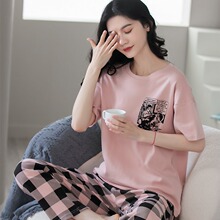 100%全棉短袖长裤睡衣女夏学生可外穿韩版休闲格子运动圆领家居服