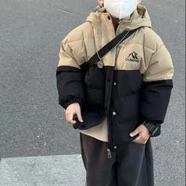 日系潮牌男童夹棉加绒冲锋衣儿童新品拼色加厚保暖连帽棉服外套