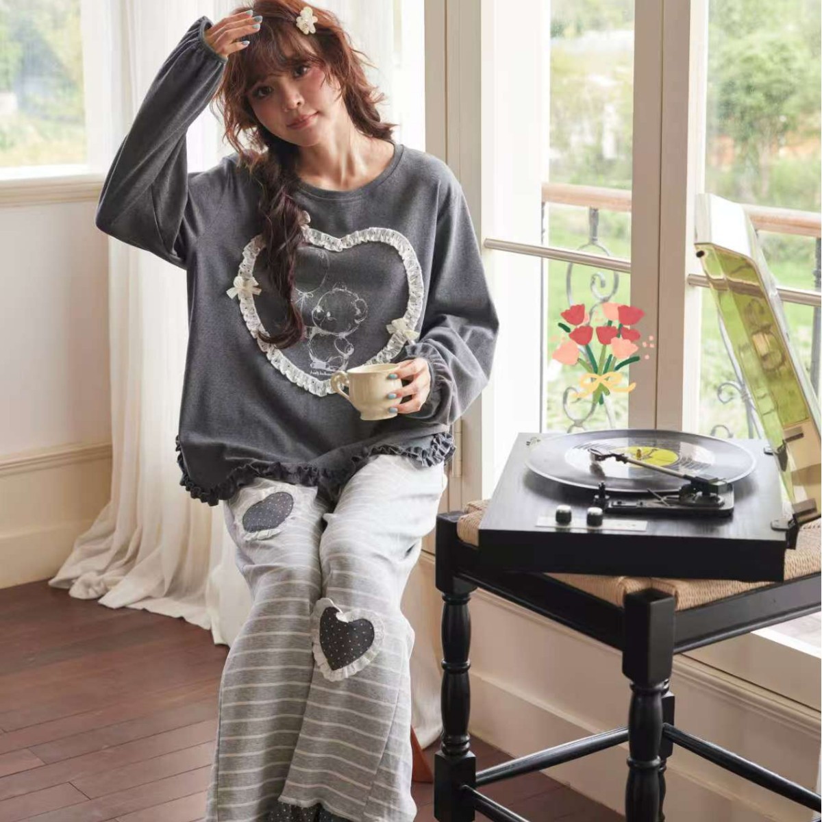 2025秋冬新款甜美爱心气球熊长袖长裤家居服睡衣套装宽松可外穿女