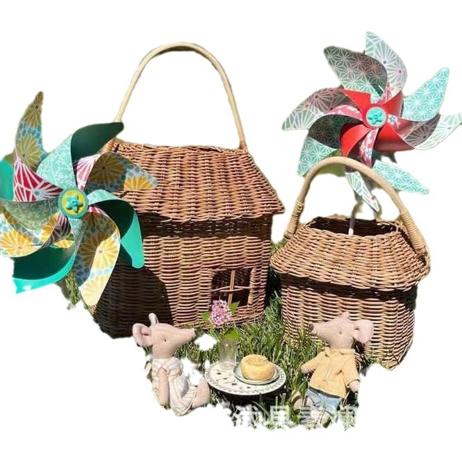 Cesta de casa de mimbre hecha a mano ins, escritorio con tapa, adornos de almacenamiento, juguetes para niños, decoración de habitación, accesorios de fotografía