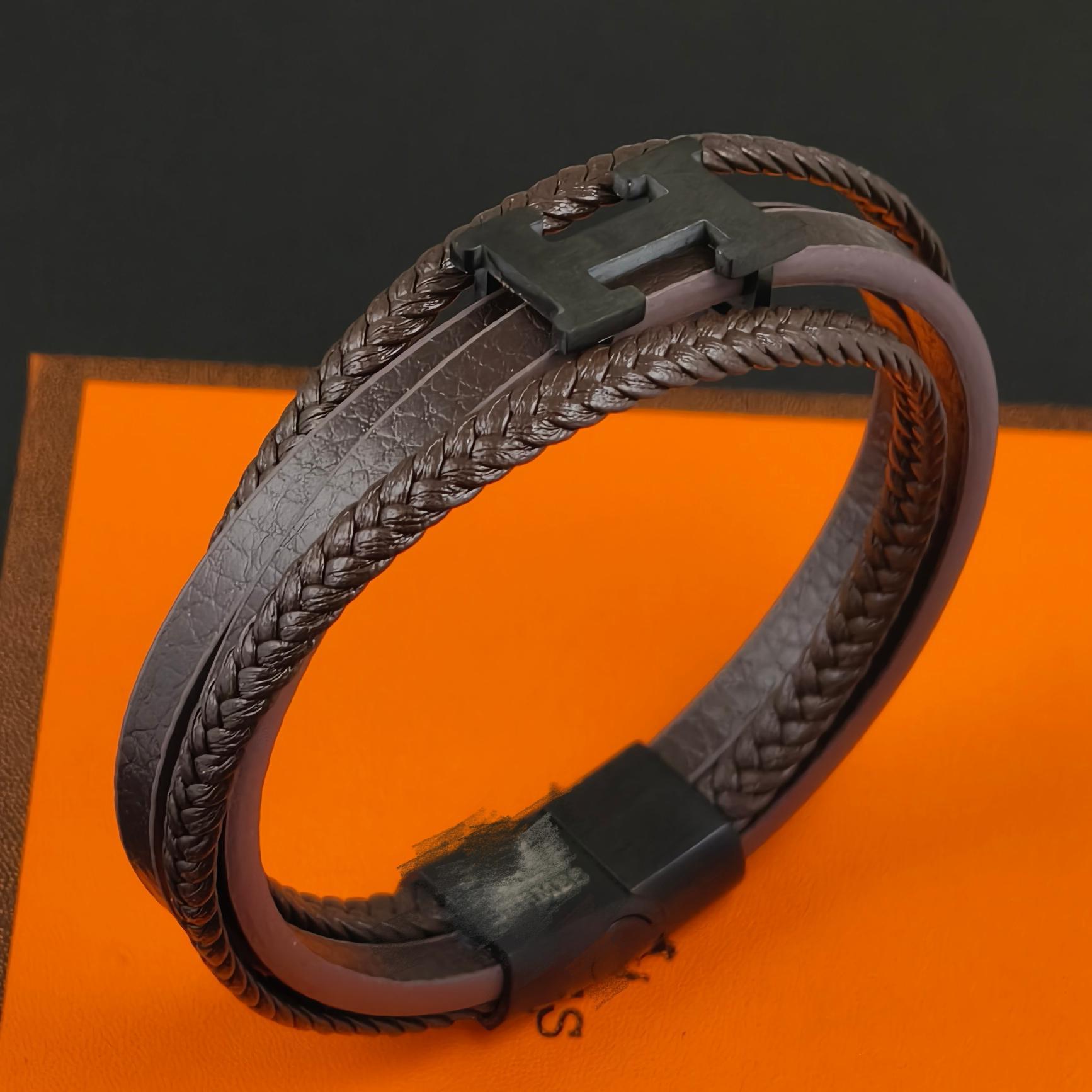 H Brand Woven Bracelet with Stainless Steel Magnetic Clasp Suitable for Men's Daily Wear, Black Clasp Bracelet, Trendy Style Bracelet