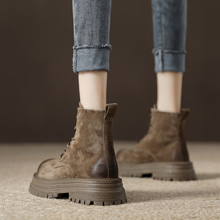 Platform Thick-Soled Heightening Style Slimming Look Nubuck Leather Boots for Women 2025 Women's Retro British Style Short Boots