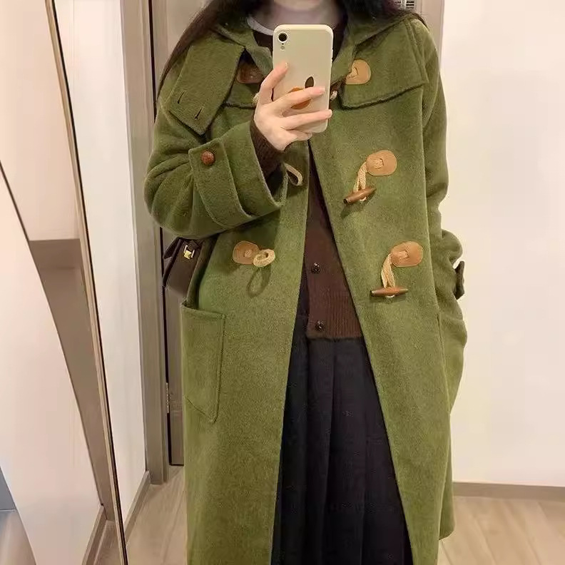 New Korean Women Hooded Horn Buckle Coat Green Double-sided