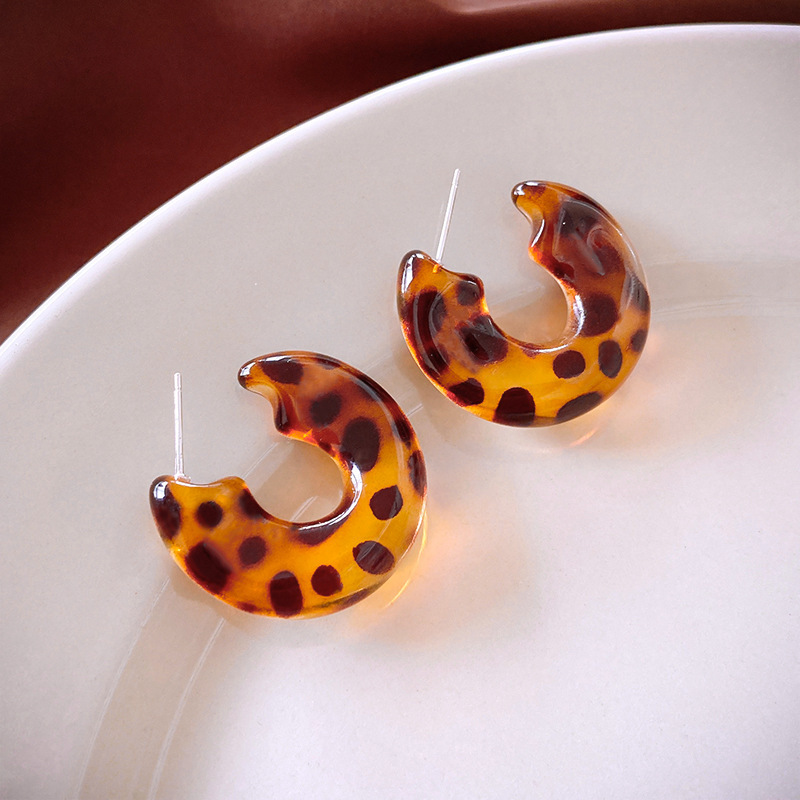 Pendientes de círculo geométrico con estampado de leopardo con aguja de plata Pendientes de personalidad de moda de todo fósforo retro europeo y americano Pendientes de todo fósforo de nicho al por mayor