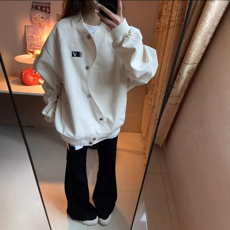 美式复古S型单排扣棒球服外套女秋季设计感小众宽松情侣上衣夹克|undefined