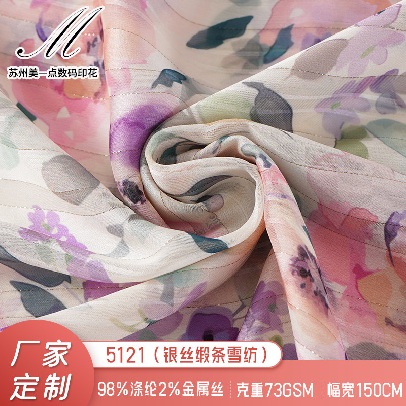 Silver Satin Strip Chiffon Pendant Lightweight Polyester Hanfu Fabric Digital Printing Fashion Women's Wear Spring Summer Autumn Thin Fabric