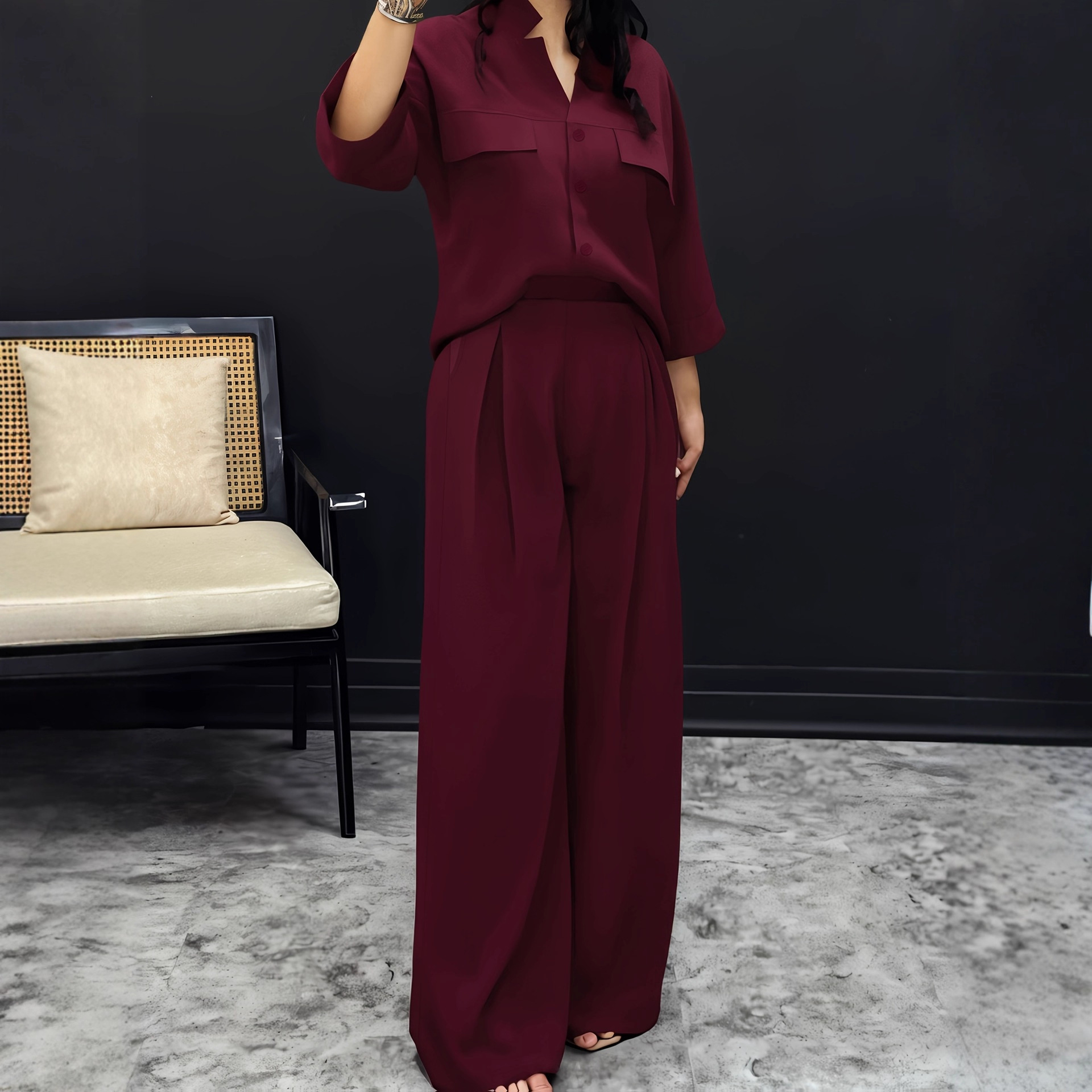 Elegant Two-Piece Set: Short Sleeve Top With Flowy Wide-Leg Pants For Women Autumn Winter Office Casual Outfit Solid Color Knit Jumpsuit Alternative_ecoleips.com