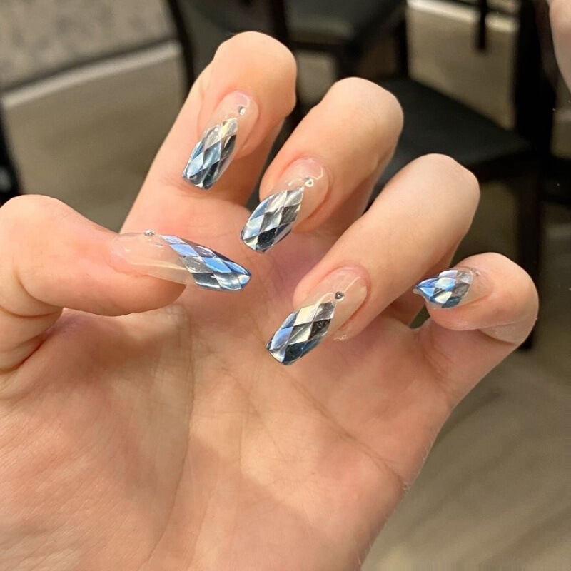 Purely Handmade Wearable Nail Phototherapy Manicure Patch Ocean Mermaid Diamond-Shaped Sequin Blue New Medium-Length Nail Patch
