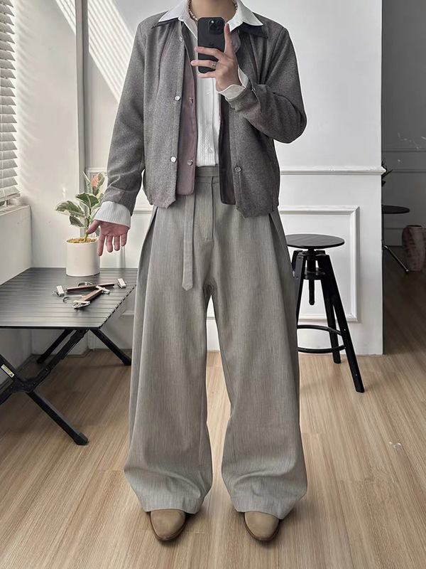 高級アセテートウール混リネン柄プリーツ「Zazen」ルーズカミーズパンツストレートワイドパンツ|undefined