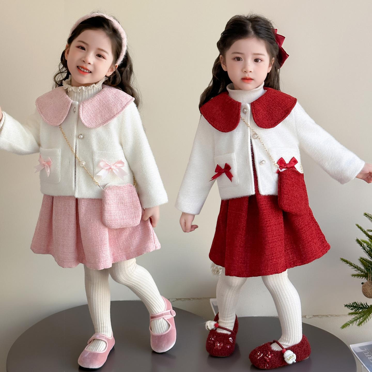 女童翻领连衣裙加绒套装秋冬款2025新款儿童韩版时尚小女孩两件套