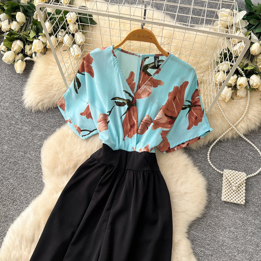 Korean Style Women's V Neck Jumpsuit High Waisted Wide Leg Pants Slimming Print Workwear Summer Elegant Long Romper_ecoleips.com