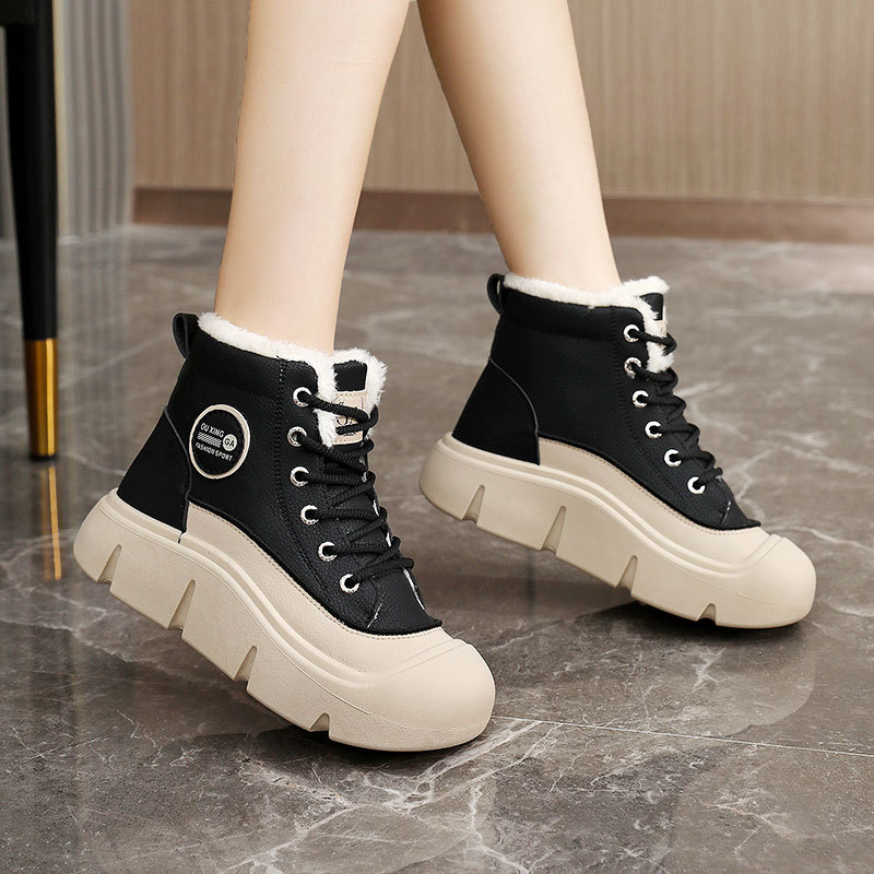 Hy616 Neue Herbst/Winter Damen Color Block Baumwollschuhe Warmer High Top Einfach Fleece Dicke Sohle Höhenvergrößerung_voghion.com