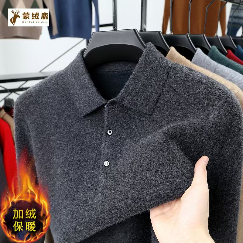 Men's Winter Fleece-Lined Thick White Knit Sweater with a Turn-Down Collar, Casual Long-Sleeve T-Shirt for Middle-Aged Men, Simple Base Shirt
